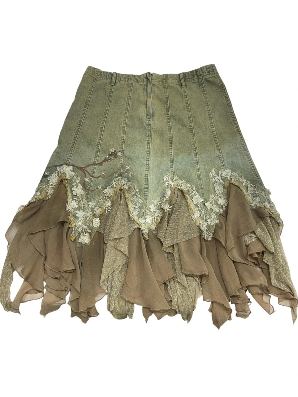 Layered Olive Green Asymmetrical Boho Midi Skirt - Picture 3 of 12
